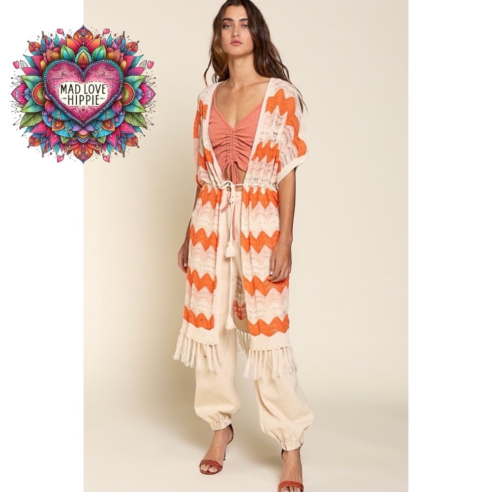 POL Cream & Orange Striped Crochet Cardigan with Fringe